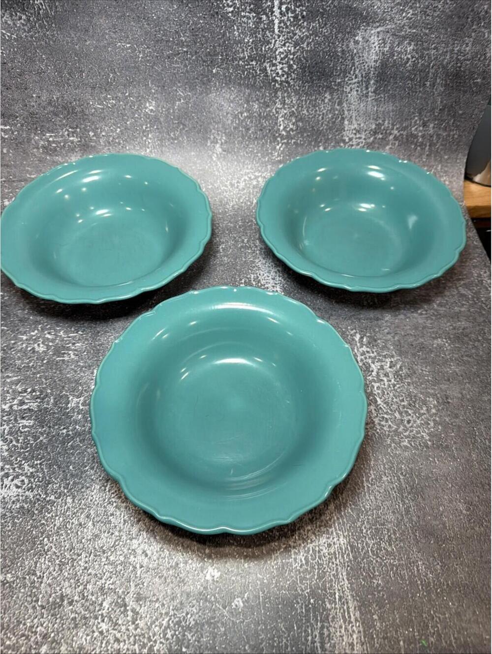 Pioneer Woman Solid Turquoise Teal Cereal Soup 8” Bowls Scalloped Edge Set Of 3*